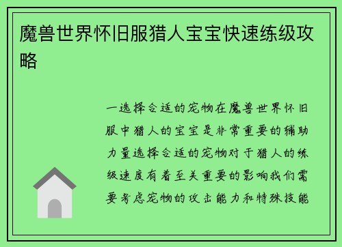 魔兽世界怀旧服猎人宝宝快速练级攻略